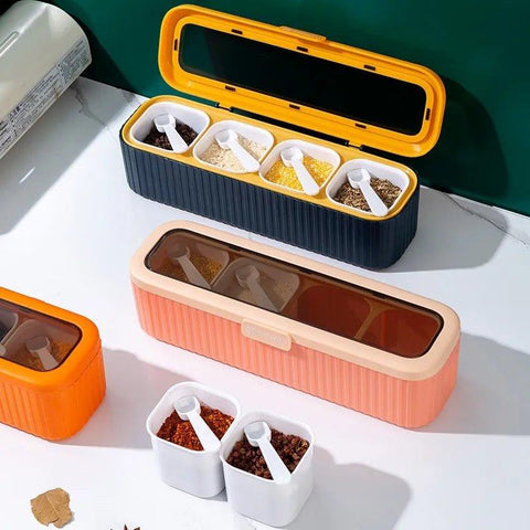 4 Compartment Spice Storage Box with Lid and Spoons Modern Kitchen Seasoning Organizer (Copy)