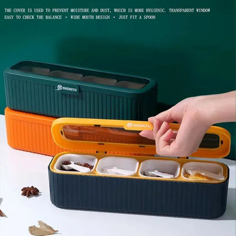 4 Compartment Spice Storage Box with Lid and Spoons Modern Kitchen Seasoning Organizer (Copy)